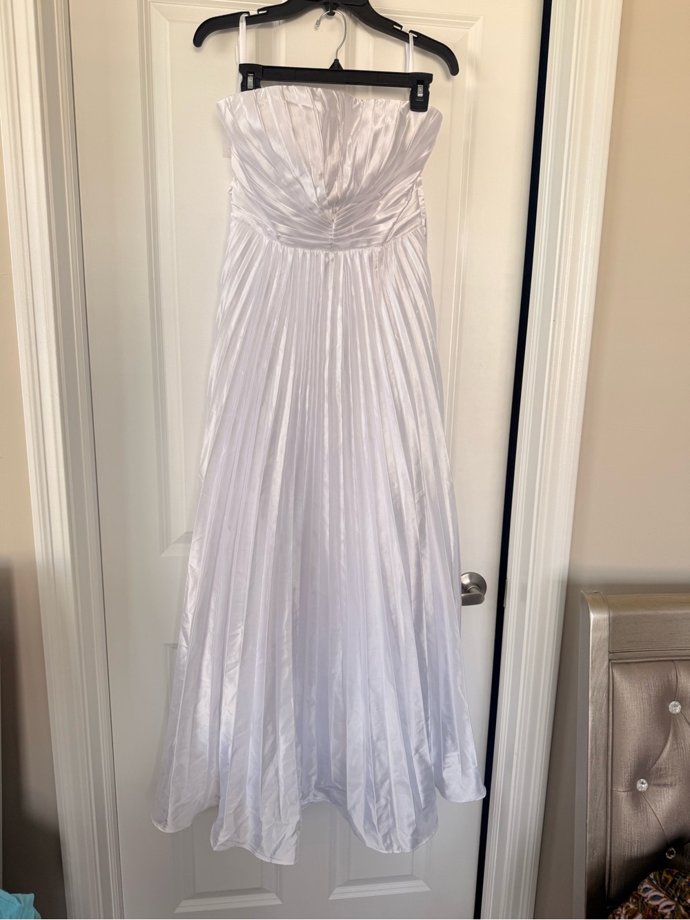 Strapless White Pleated Evening Dress